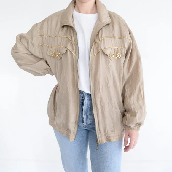 Vintage 90s Evr Rousso Apparel Champagne 100% Silk Zip Up Bomber Jacket L - Picture 1 of 11